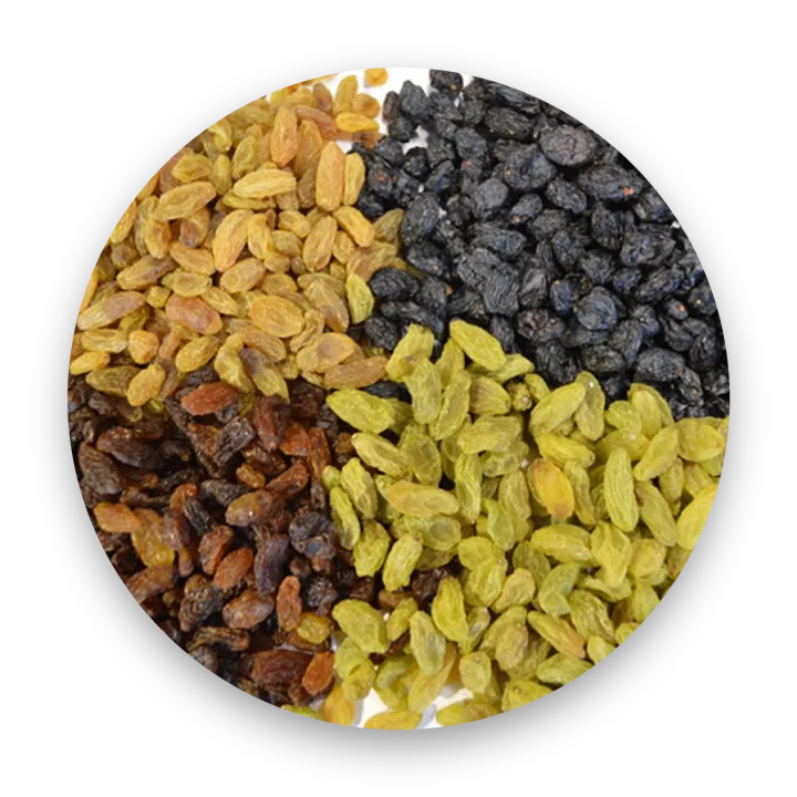 Golden, green, black and brown raisins.