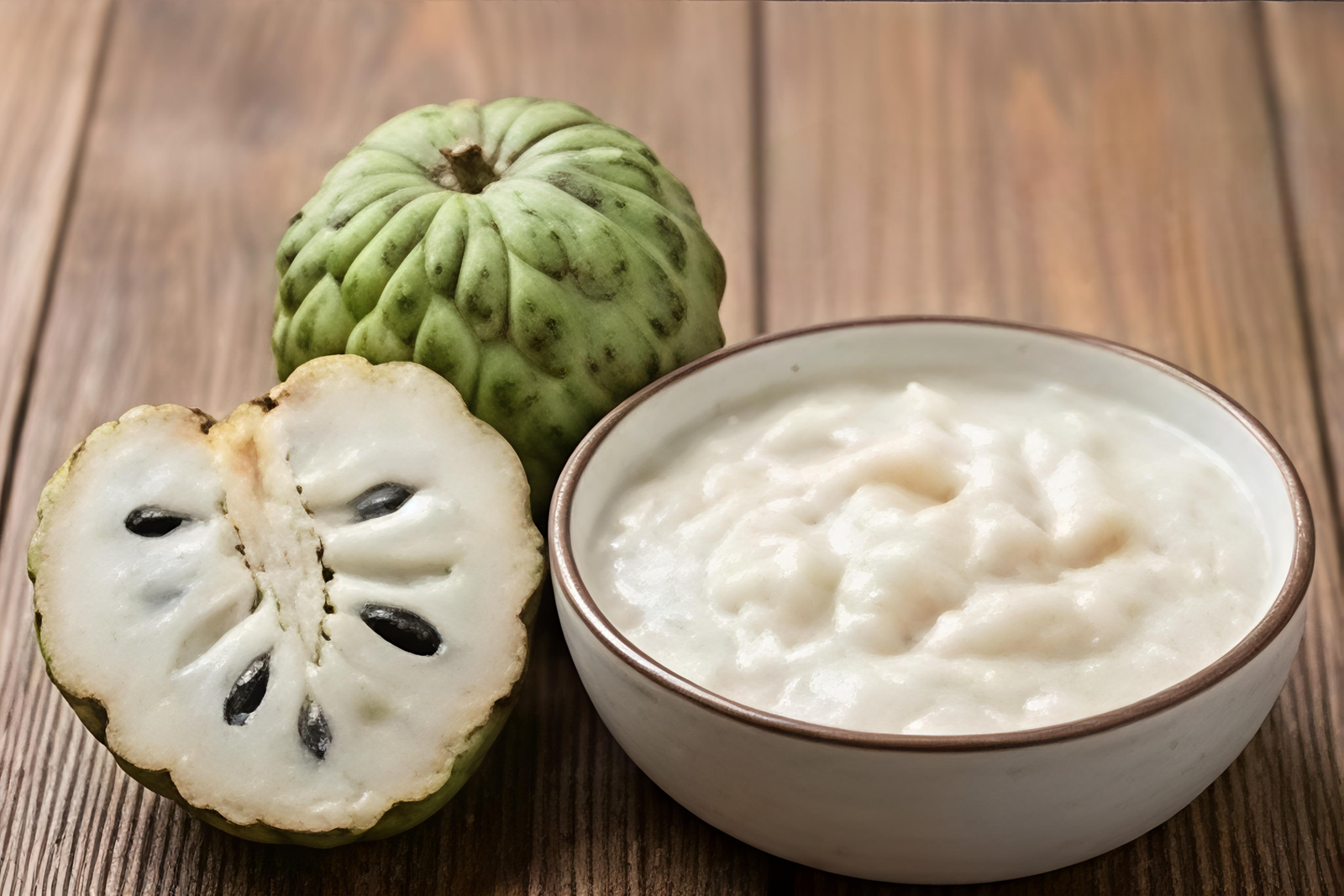 Bowl of custard apple (sitaphal) pulp from India with a whole and a halved custard apple