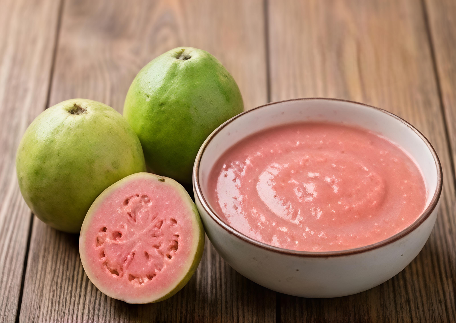 Bowl of pink guava pulp from India with whole and halved guavas