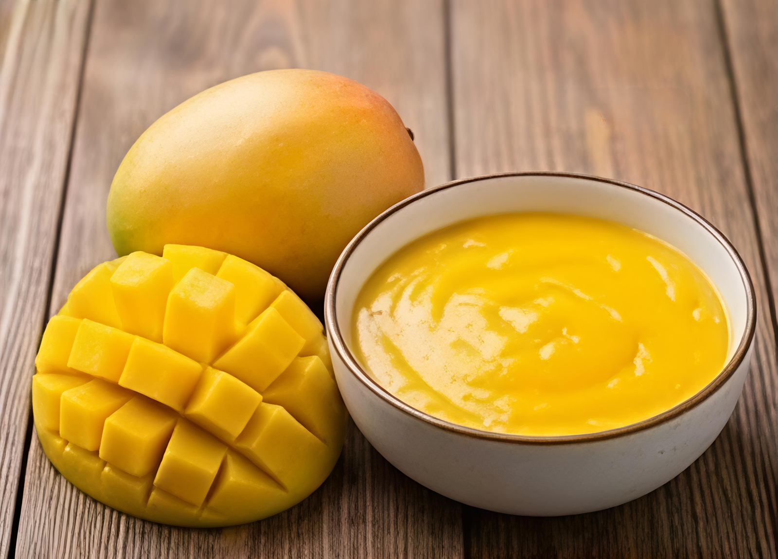 Bowl of mango pulp from India with a whole and a cut mango
