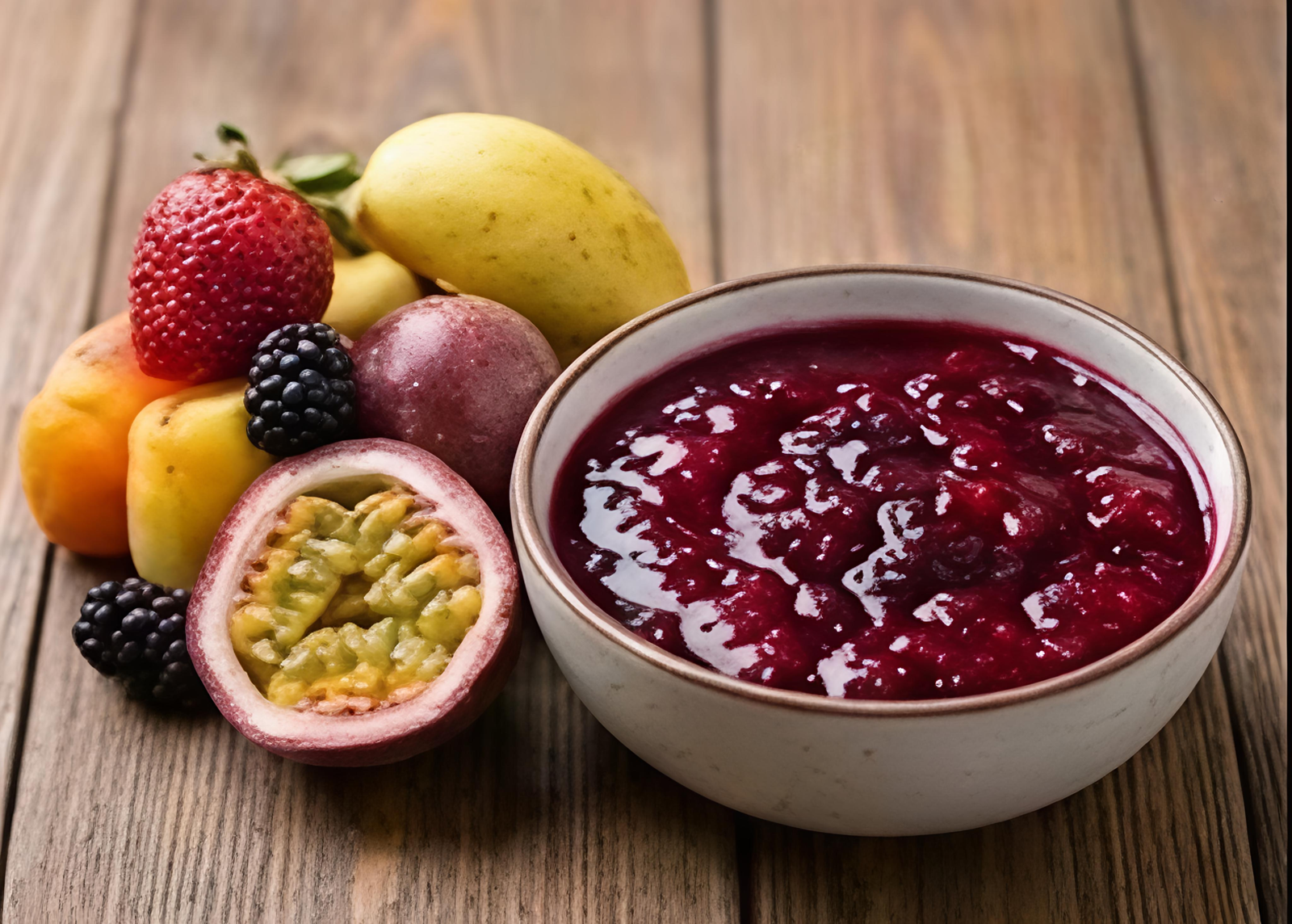 Bowl of mixed fruit pulp from India with berries, mango and passion fruit
