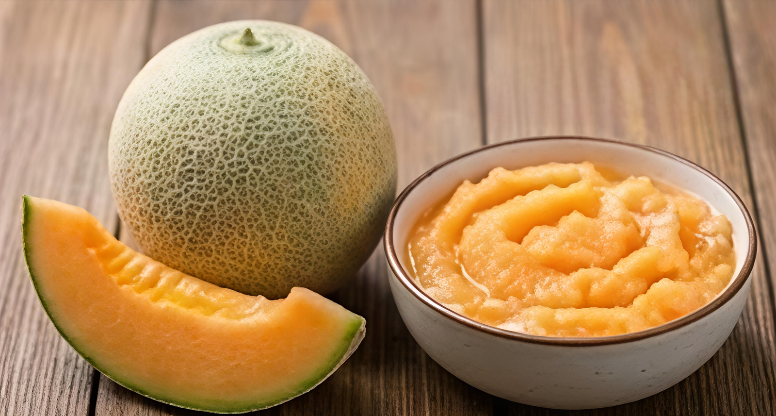 Bowl of muskmelon pulp from India with a melon and a melon slice