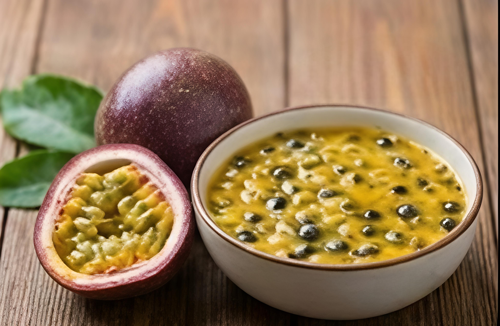 Bowl of passion fruit pulp from India with whole and halved passion fruit