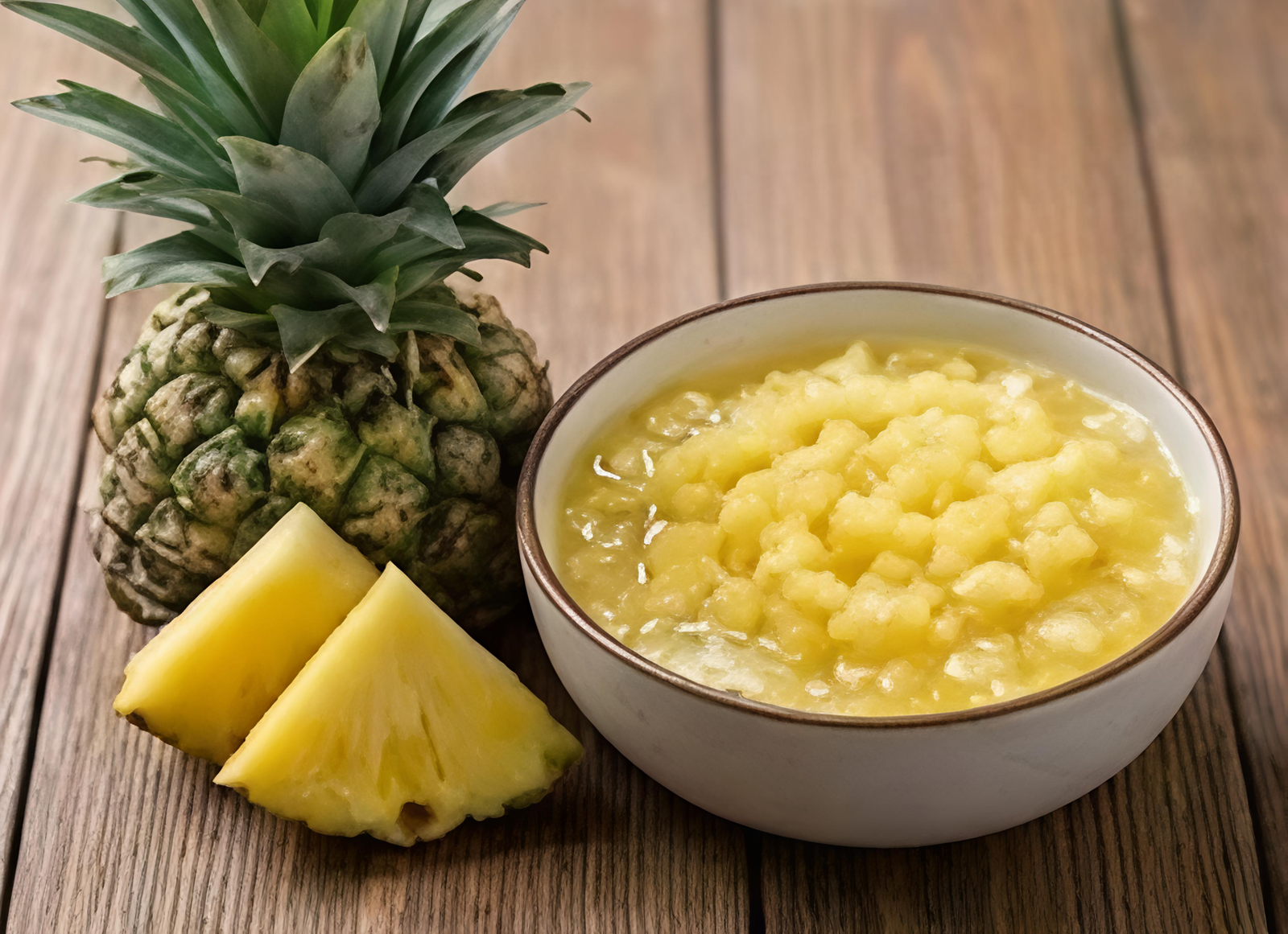 Bowl of pineapple pulp from India with a pineapple and pineapple slices