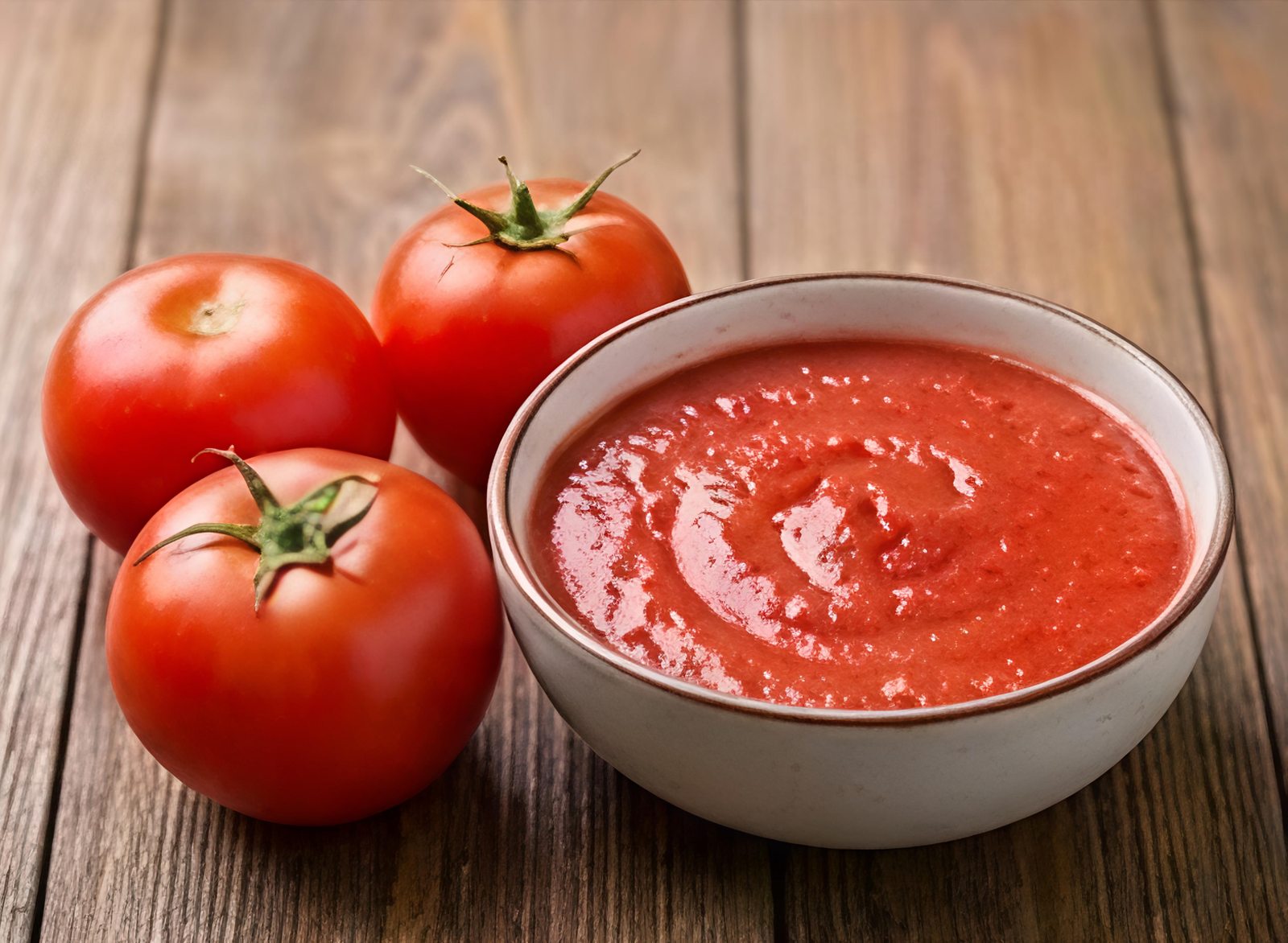 Bowl of tomato puree from India with fresh tomatoes